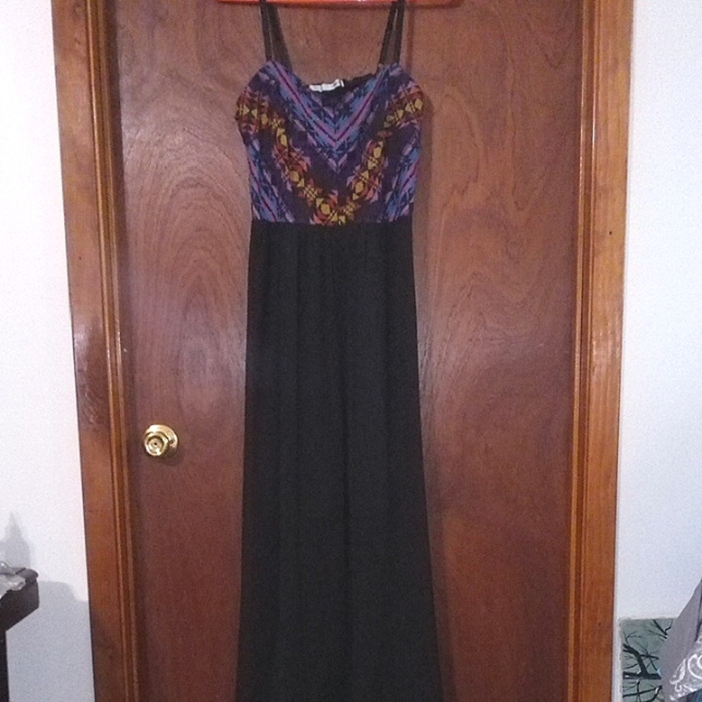 Maurices Black and Purple Maxi Dress, Spaghetti Strap With Tapestry Bodice